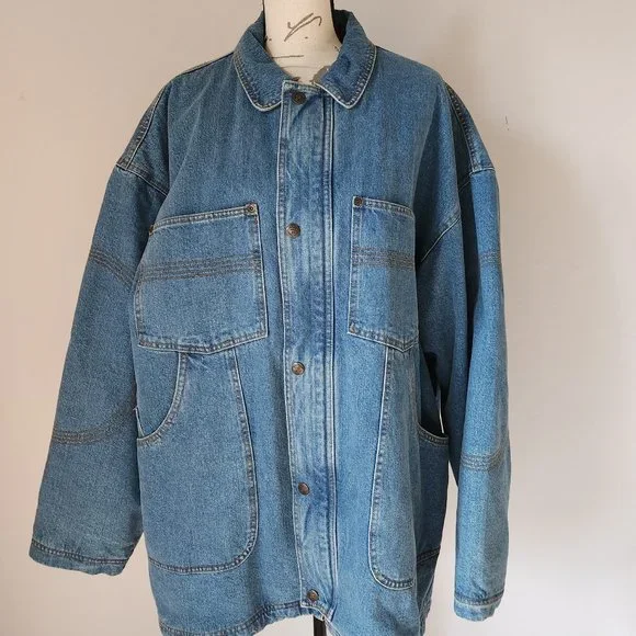 Vintage FILA Quilt-Insulated Lining Blue Denim Work Chore Jacket Zip/Snap